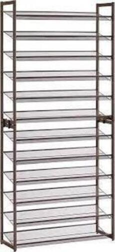DESCRIPTION: (1) 12 TIER SHOE RACK STORAGE BRAND/MODEL: MAINSTAYS #124799.16R INFORMATION: SILVER AND BLACK SIZE: 12-TIER RETAIL$: $145.99 EA QTY: 1