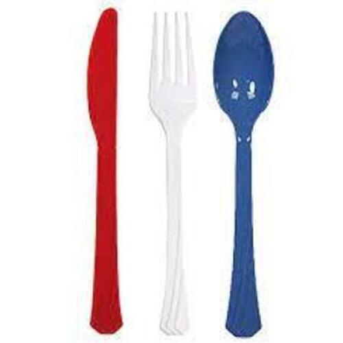 DESCRIPTION: (2) SETS OF PLASTIC FLAT WEARINFORMATION: RED WHITE BLUE, APPROX 100PCS OF EACH UTENSIL&nbsp;RETAIL$: $20.00 EAQTY: 2