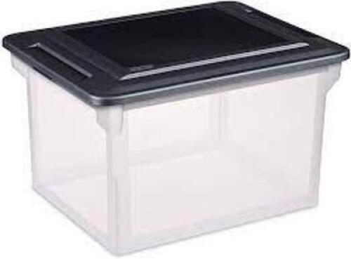 DESCRIPTION: (4) PLASTIC STORAGE BIN BRAND/MODEL: STERILITE INFORMATION: CLEAR WITH BLACK LID SIZE: 18.5X14X11 RETAIL$: $10.00 EA QTY: 4