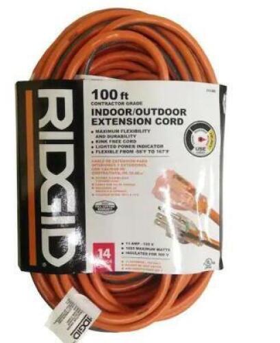 DESCRIPTION: (1) 14 GAGE EXTENTION CORD BRAND/MODEL: RIDGID INFORMATION: PICTURED ITEM MAY DIFFER FROM ACTUAL PRODUCT SIZE: 100 FT RETAIL$: $139.00 QT