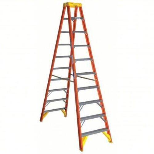 DESCRIPTION: (1) TWIN STEPLADDER BRAND/MODEL: WERNER #3AZX7 INFORMATION: ORANGE SIZE: 10 FT LADDER HT, 9 STEPS, 300 LB, 78 1/8 IN BASE SPREAD, 30 3/8