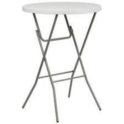 DESCRIPTION: (1) ROUND PLASTIC BAR HEIGHT FOLDING TABLE BRAND/MODEL: FLASH FURNITURE #RB-32RB-BAR-GW-GG INFORMATION: WHITE GRANITE SIZE: 32" RETAIL$: