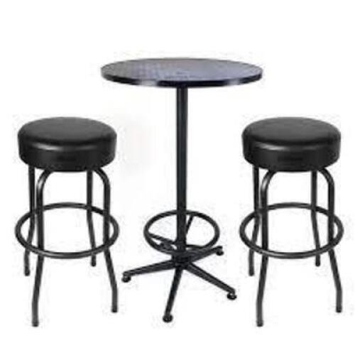 DESCRIPTION: (1) WORKSHOP TABLE AND STOOLS COMBO BRAND/MODEL: HYPER TOUGH INFORMATION: BLACK SIZE: 3 PIECE RETAIL$: $122.97 EA QTY: 1