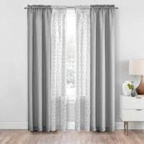 DESCRIPTION: (2) 4 PIECE CURTAIN SET BRAND/MODEL: MAINSTAYS INFORMATION: GRAY SIZE: 84 INCH RETAIL$: $12.98 EA QTY: 2