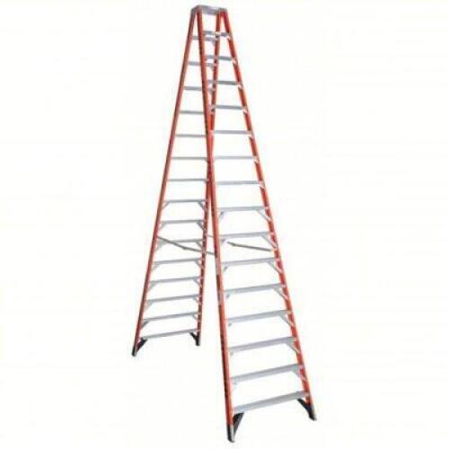 DESCRIPTION: (1) TWIN STEPLADDER BRAND/MODEL: WERNER/T7416 INFORMATION: 300LB CAPACITY, FIBERGLASS SIZE: 16' LADDER HEIGHT RETAIL$: $967.83 QTY: 1