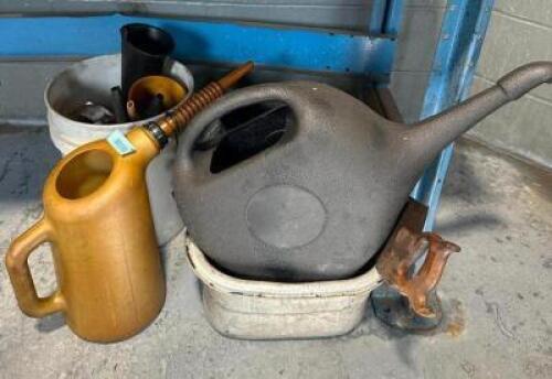 ASSORTED OIL CONTAINERS AND TOOLS AS SHOWN