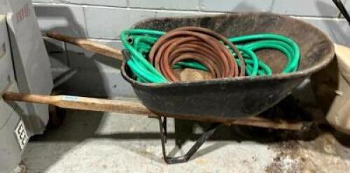 WHEEL BARROW AND (2) GARDEN HOSES
