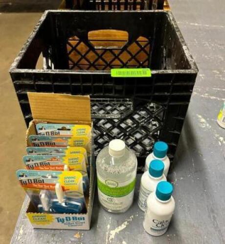 MILK CRATE W/ ASSORTED HOME SUPPLIES