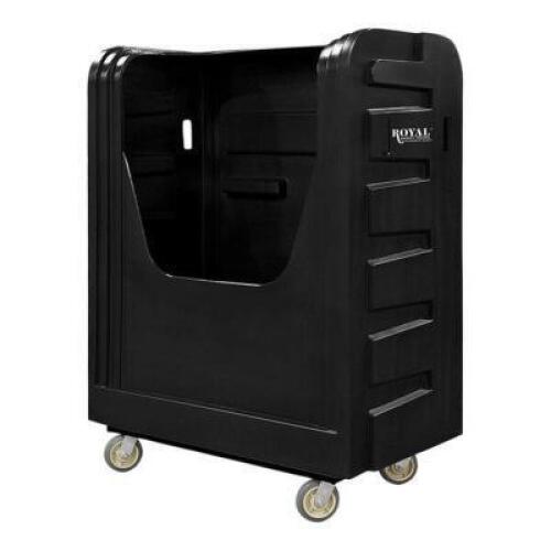DESCRIPTION: (1) POLY TRUCK WITH STEEL BASE, SLIDE DOOR, AND SWIVEL CASTERS BRAND/MODEL: ROYAL BASKET TRUCKS INFORMATION: BLACK SIZE: 48 CU FT RETAIL$