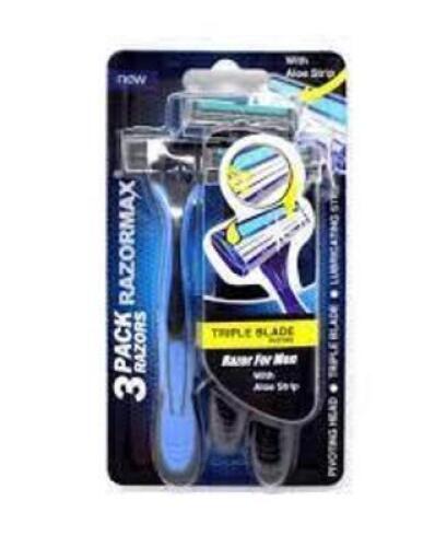 DESCRIPTION: (3) PACKS OF (3) MENS RAZORS WITH ALOE STRIP BRAND/MODEL: RAZORMAX INFORMATION: BLUE SIZE: 3 BLADES RETAIL$: $6.50 EA QTY: 3