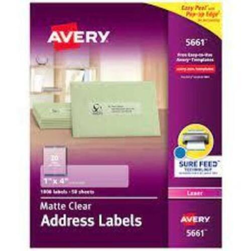 DESCRIPTION: (5) PACKS OF (50) ADDRESS LABEL SHEETS BRAND/MODEL: AVERY #5661 INFORMATION: MATTE CLEAR SIZE: 1000 LABELS TOTAL, 1" X 4" LABELS RETAIL$: