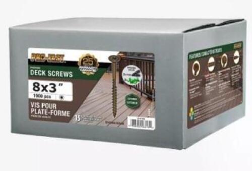 DESCRIPTION: (2) PACKS OF (1000) PAULIN PRO-FAST DECK SCREWS BRAND/MODEL: 214-794 INFORMATION: BROWN/DRIVE SIZE: STAR RETAIL$: $50.98 PER PK OF 1000 S