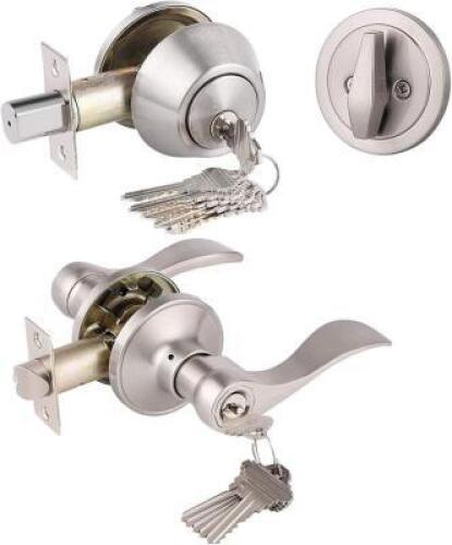 DESCRIPTION: SATIN NICKEL KEYED-ALIKE DOOR LEVER AND SINGLE CYLINDER DEADBOLTS SET BRAND/MODEL: GOBRICO RETAIL$: $61.59 QTY: 1
