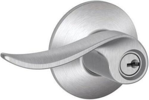 DESCRIPTION: SACRAMENTO LEVER KEYED ENTRY LOCK IN SATIN CHROME BRAND/MODEL: SCHLAGE RETAIL$: $49.70 QTY: 1