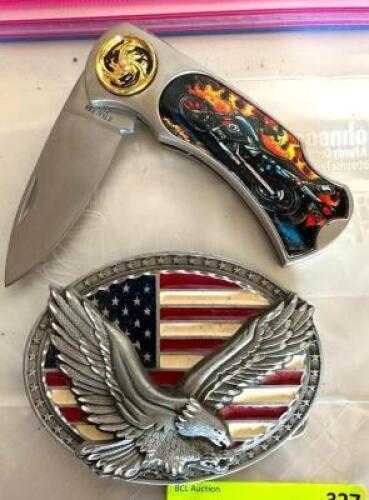 DESCRIPTION: EAGLE BELT BUCKLE AND KNIFE QTY: 2