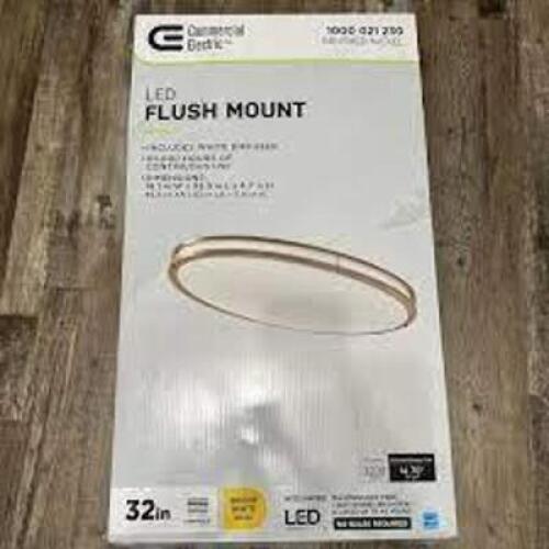 DESCRIPTION: (2) LED FLUSH MOUNT BRAND/MODEL: COMMERCIAL ELECTRIC #1000 021 230 INFORMATION: BRUSHED NICKEL SIZE: 18.1" X 32.3" X 4.7" H RETAIL$: $49.