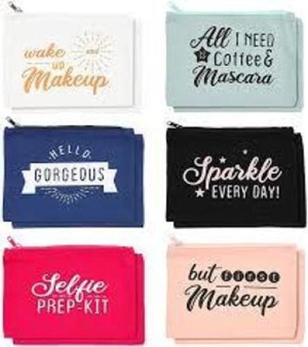DESCRIPTION: (12) MAKE UP BAGS BRAND/MODEL: GLAMLILY INFORMATION: MULTI COLORED, MULTI PHRASES RETAIL$: $9.99 PER BAD QTY: 12