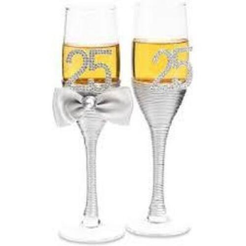 DESCRIPTION: (1) SET OF 25TH ANNIVERSARY CHAMPAGNE FLUTE INFORMATION: SILVER ACCESSORIES AND RHINESTONES RETAIL$: $23.99 TOTAL QTY: 1