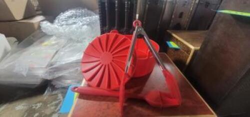 DESCRIPTION: (3) SETS OF PLASTIC BOWLS , TONGS, AND PASTY BRUSH INFORMATION: RED QTY: 3
