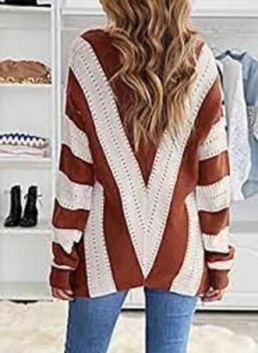 DESCRIPTION: (1) V NECK STRIPED KNITTED SWEATERS INFORMATION: BROWN AND WHITE SIZE: LARGE RETAIL$: $35.99 EA QTY: 1