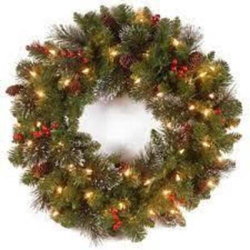 DESCRIPTION: (1) PRE LIT WREATH BRAND/MODEL: NATION TREE COMPANT #CW7-306-24W-1 SIZE: 24" RETAIL$: $33.99 EA QTY: 1