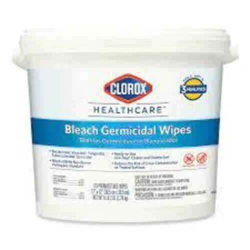 DESCRIPTION: (2) BLEACH GERMICIDAL WIPES BRAND/MODEL: CLOROX HEALTCARE SIZE: 110 WIPES PER CONTAINER RETAIL$: $37.75 EA QTY: 2