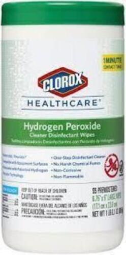 DESCRIPTION: (6) HYDROGEN PEROXIDE WIPES BRAND/MODEL: CLOROX HEALTHCARE SIZE: 95 WIPES PER CONTAINER RETAIL$: $10.00 EA QTY: 6