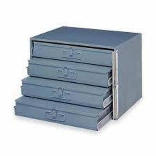 DESCRIPTION: (1) SLIDING DRAWER CABINET FRAME, WITH FEW DRAWERS BRAND/MODEL: DURHAM #321B-95-DR INFORMATION: GREY, WITH BLUE BOXES FOR DRAWERS SIZE: 4