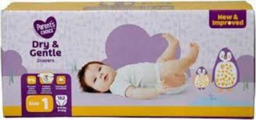 DESCRIPTION: (1) BOX OF (162) DIAPERS BRAND/MODEL: PARENT'S CHOICE DRY AND GENTLE SIZE: SIZE 1 RETAIL$: $32.50 EA QTY: 1