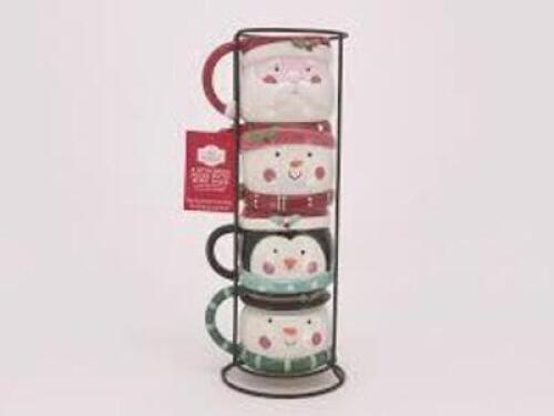 DESCRIPTION: (1) SET OF (4) STACKING MUGS WITH WIRE RACK BRAND/MODEL: HOLIDAY TIME INFORMATION: FACES RETAIL$: $29.99 EA QTY: 1