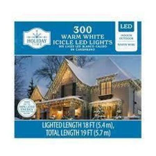 DESCRIPTION: (1) SPOOL OF ICICLE LED LIGHTS BRAND/MODEL: HOLIDAY TIME INFORMATION: WARM WHITE SIZE: 300 LIGHTS RETAIL$: $19.88 EA QTY: 1
