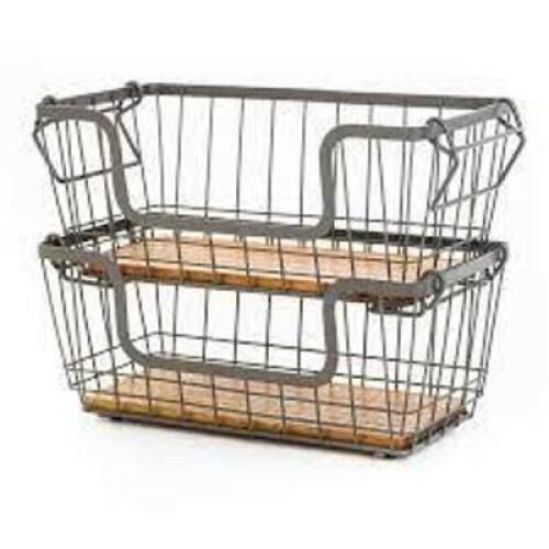 DESCRIPTION: (2) STACKABLE WIRE STORAGE BASKETS BRAND/MODEL: BETTER HOMES AND GARDENS INFORMATION: WIRE SIZE: MEDIUM AND LARGE RETAIL$: $27.30 TOTAL Q