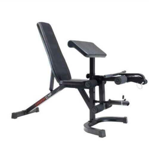 DESCRIPTION: (1) DELUXE ADJUSTABLE WEIGHT BENCH INFORMATION: INCLUDES PREACHER CURL & LEG PRESS ATTACHMENT RETAIL$: $118 QTY: 1