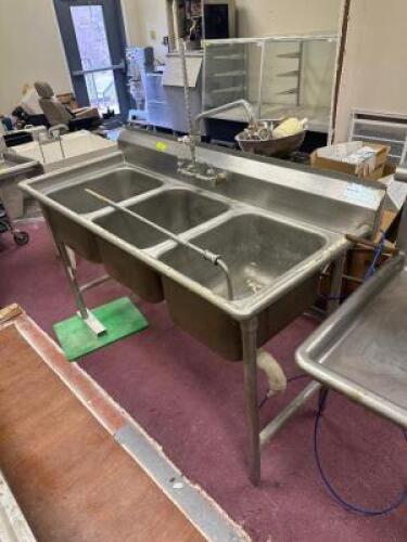 59 INCH STAINLESS THREE WELL SINK WITH SPRAYER