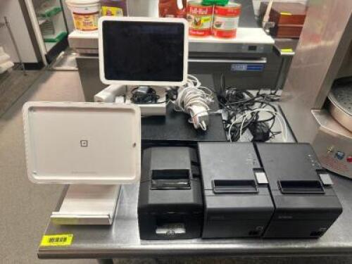 SQUARE POS REGISTER SYSTEM W/ (1) APPLE TABLET, (2) STANDS, (1) CASH DRAWER, AND (3) PRINTERS