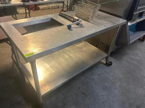 DESCRIPTION 60" STAINLESS BREADING TABLE W/ FULL SIZE INSERT CUT OUT. ADDITIONAL INFORMATION ON CASTERS SIZE 60" X 30" LOCATION BAY 6 QTY 1