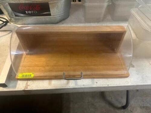 DESCRIPTION WOODEN BREAD BOX W/ CLEAR PLASTIC DOME LID. LOCATION BAY 6 QTY 1