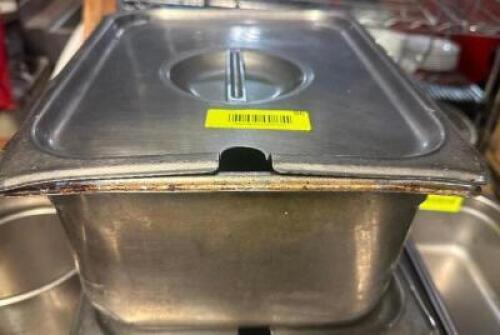 DESCRIPTION (3) HALF SIZE STAINLESS INSERTS W/ LIDS ADDITIONAL INFORMATION 6" DEEP LOCATION BAY 6 THIS LOT IS: SOLD BY THE PIECE QTY 3