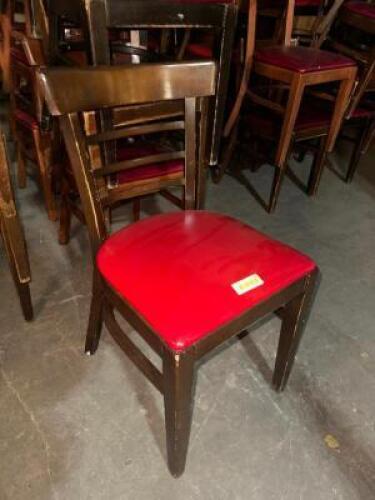 DESCRIPTION (12) ASSORTED STYLE WOODEN SEATS W/ RED SEAT CUSHIONS. LOCATION BAY 7 THIS LOT IS: SOLD BY THE PIECE QTY 12