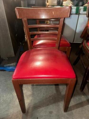 DESCRIPTION (9) ASSORTED STYLE WOODEN SEATS W/ RED SEAT CUSHIONS. LOCATION BAY 7 THIS LOT IS: SOLD BY THE PIECE QTY 9