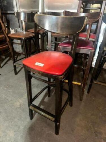 DESCRIPTION (3) 30" WOODEN BAR STOOLS W/ RED SEAT CUSHIONS LOCATION BAY 7 THIS LOT IS: SOLD BY THE PIECE QTY 3