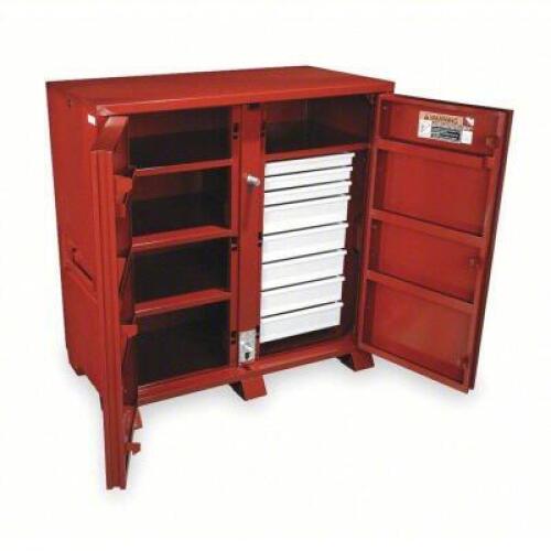DESCRIPTION: (1) JOBSITE CABINET BRAND/MODEL: CRESCENT JOBOX #2VUY2 INFORMATION: BROWN/RED SIZE: 60 1/8 IN OVERALL WD, 30 1/4 IN OVERALL DP, 60 3/4 IN