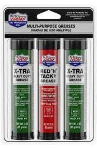 DESCRIPTION: (5) PACKS OF (3) MULTI PURPOSES GREASES BRAND/MODEL: LUCAS OIL INFORMATION: (2) XTRA HEAVY DUTY (1) RED "N" TACKY PER PACK SIZE: 3 OZ PER