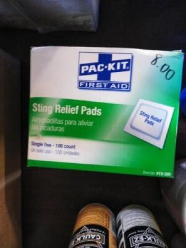 DESCRIPTION: (2) BOXES OF (100) PADS OF STING RELIEF PADS BRAND/MODEL: PAC-KIT FIRST AID INFORMATION: SINGLE USE PADS RETAIL$: $16.99 EA QTY: 2
