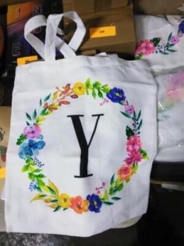 DESCRIPTION: (8) CARRYING TOTE BRAND/MODEL: JUVALE INFORMATION: CANVAS, FLORAL RING SIZE: LETTER Y IN MIDDLE RETAIL$: $11.99 EA QTY: 8