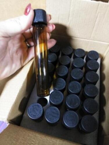 DESCRIPTION: (3) BOXES OF (24) EMPTY GLASS VIALS INFORMATION: BROWN GLASS SIZE: CHILD LOCKED LIDS RETAIL$: $43.00 EA QTY: 3