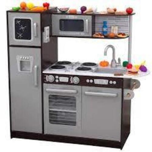DESCRIPTION: (1) UPTOWN PLAY KITCHEN BRAND/MODEL: KIDKRAFT/53388 INFORMATION: ESPRESSO & SILVER/30-PIECES SIZE: 43"L X 17.75"W X 41"H RETAIL$: 199.99