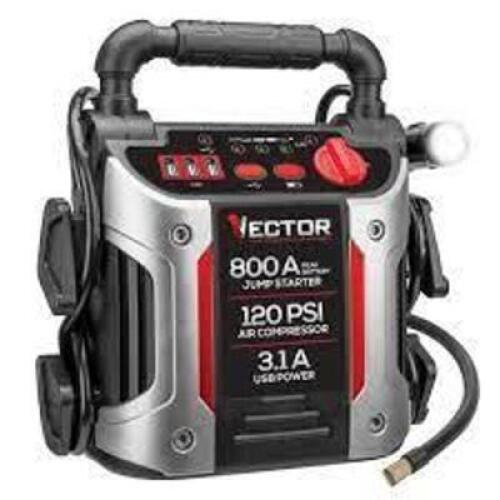 DESCRIPTION: (1) JUMP STARTER, AIR COMPRESSOR, PORTABLE POWER BRAND/MODEL: VECTOR #J7CV SIZE: 800 A, 120 PSI, 3.1 AMP, LED RETAIL$: $70.88 EA QTY: 1
