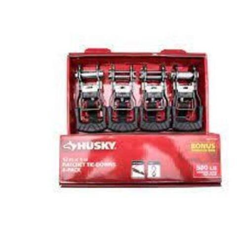 DESCRIPTION: (1) SET OF (4) TIE DOWN RATCHET STRAPS BRAND/MODEL: HUSKY INFORMATION: RED AND BLACK SIZE: 12' X 1" RETAIL$: $51.90 EA QTY: 1