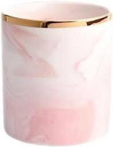 DESCRIPTION: (2) MAKEUP BRUSH STORAGE CUPS BRAND/MODEL: MAINSTAYS INFORMATION: CERAMIC SIZE: PINK MARBLE WITH GOLD TRIM RETAIL$: $15.99 EA QTY: 2